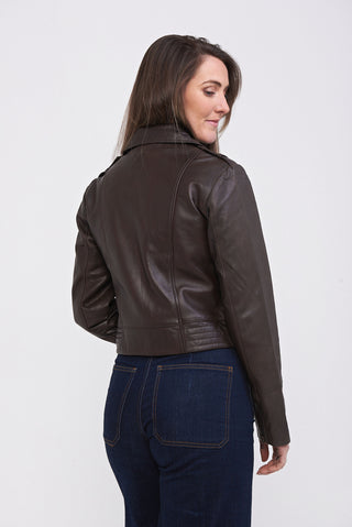 Elle Armin Leather Biker Jacket in Chocolate